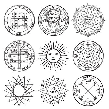 Vector set of occult, mystic, spiritual, esoteric vector symbols with stars, crosses, sun and the face of the Almighty. Spiritual masonic tattoo symbols, illustrations of spiritual religion signs