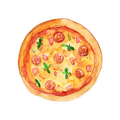 Watercolor hand drawn sketch illustration of pizza with bacon, tomatoes, cheese, greens, bell peppers isolated on white