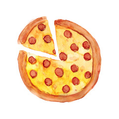 Watercolor hand drawn sketch illustration of pizza with salami and cheese isolated on white