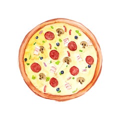 Watercolor hand drawn sketch illustration of pizza with sausage, bacon, mushrooms, olives, peppers and herbs isolated on white