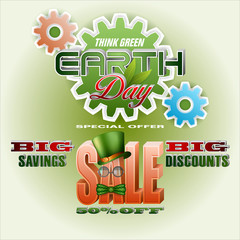 Celebration, design, background with 3d texts, gear and Earth globe for Earth day, sales commercial event; Vector illustration