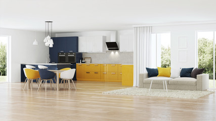 Fototapeta na wymiar Modern house interior with yellow kitchen. 3D rendering.