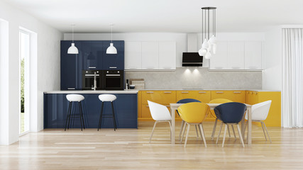 Modern house interior with yellow kitchen. 3D rendering.