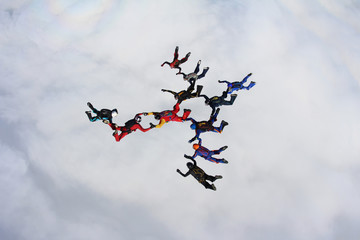 A group of skydivers is in the sky.