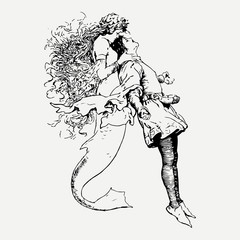 Mermaid with a man hand drawn ink sketch  illustration. - 195034322