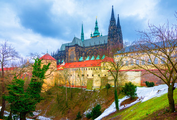 The historic St. Vitus Cathedral in Prague, located within the walls of Prague Castle, Czech Rebublic.