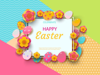 Easter card with square frame, spring flowers and flat easter icons on colorful modern geometric background. Vector illustration. Place for your text.