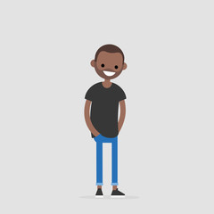 Young friendly character standing with hands in pockets. Flat editable vector illustration, clip art