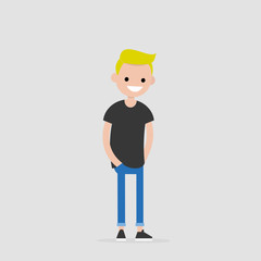 Young friendly character standing with hands in pockets. Flat editable vector illustration, clip art