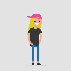 Young female friendly character standing with hands in pockets. Flat editable vector illustration, clip art