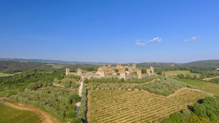 Fototapeta na wymiar Monteriggioni, Tuscany. Awrial panoramic view of city and countryside