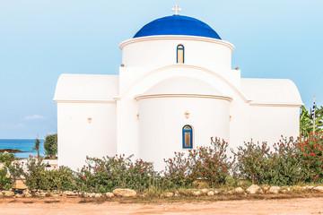 The multi Denominational Church of St Nicholas on a shore closeup in Paphos, Cyprus.