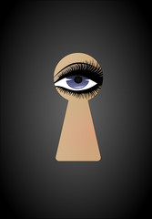 beautiful woman is peeking into the keyhole, vertical, vector illustration