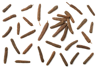 dried long pepper, piper longum isolated on white, top view