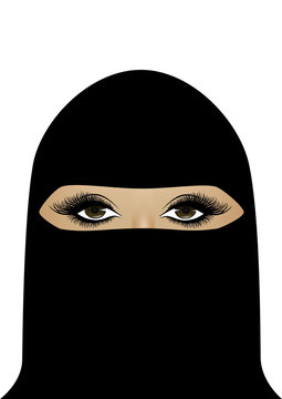 beautiful Muslim woman in hijab, vertical portrait isolated on the white background, vector illustration