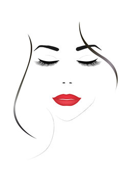 smiling beautiful woman face with closed eyes and red  lips, vertical vector illustration