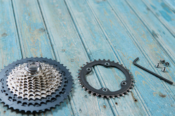Fototapeta premium Bicycle parts on the table, beautiful bicycle texture