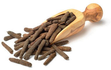 dried long pepper, piper longum in the wooden scoop, isolated on white - obrazy, fototapety, plakaty