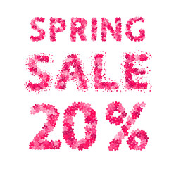 Spring sale banner. 20% discount sign. Numbers and letters made of flowers. Easy to edit vector design template.