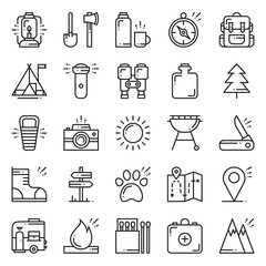 Hiking and Camping Line Icons Set. Outdoor Camp Sign and Symbol. Backpacking Adventure.