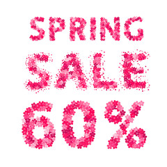 Spring sale banner. 60% discount sign. Numbers and letters made of flowers. Easy to edit vector design template.