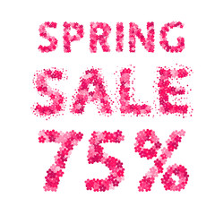 Spring sale banner. 75% discount sign. Numbers and letters made of flowers. Easy to edit vector design template.
