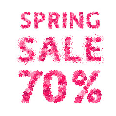 Spring sale banner. 70% discount sign. Numbers and letters made of flowers. Easy to edit vector design template.