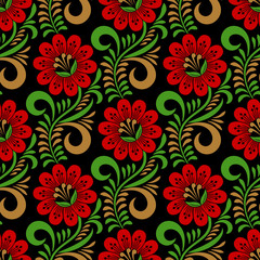 Fototapeta na wymiar Floral seamless pattern in traditional russian style. Khokhloma painting. Vector Illustration