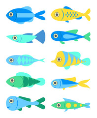 Cute fish isolated on white background. Set of icons. Flat design. Vector illustration.