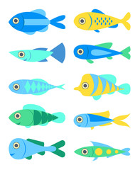 Cute fish isolated on white background. Set of icons. Flat design. Vector illustration.