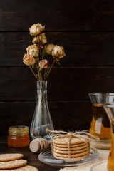 Turkish tea ceremony. Eastern authentic tea time. Breakfast for two people. Cookies, jam, tea, biscuits and rose flowers in a vase on a table cloth. Relaxation.All inclusive room service, Tasty meal