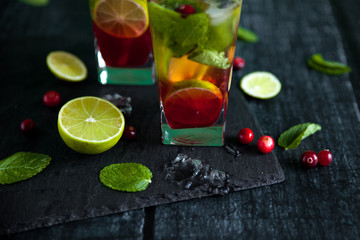 Mojito cocktail with cranberry, lime and mint