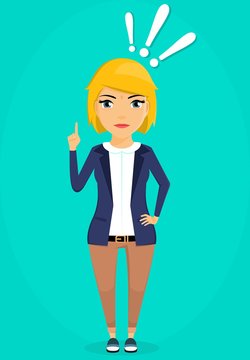 Emotions on business topics. A young girl in a business suit is angry. Character. In flat style. Cartoon.