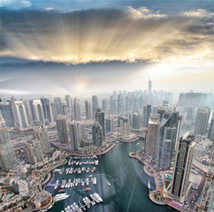 Aerial view of Dubai Marina buildings at dusk