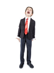 Young businessman with a crying face, isolated on white