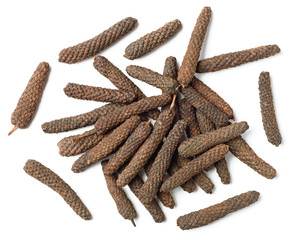 dried long pepper, piper longum isolated on white, top view