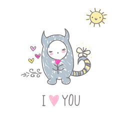 Cute monsters in love holding flower, farts and hearts, sketch naive art illustration, hand drawn cartoon funny character in vector.