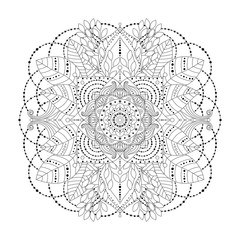 Floral mandala with leaves, black and white isolated mehendi ornament. Art element in boho style. Can be use for coloring book, tattoo, prints.