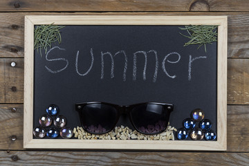 Space chalkboard background texture with wooden frame with the word 