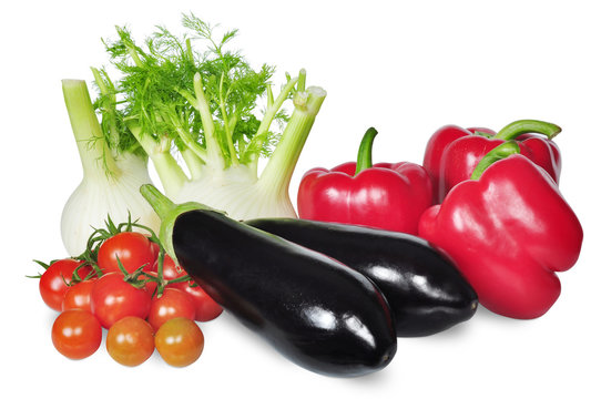 vegetable set with tomato, pepper, fennel and eggplant isolated on white