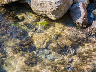 A sea shore with rocks and stones, day is sunny and water in the Black sea is chrystal clear.