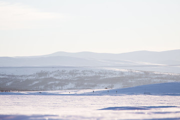 Naklejka na ściany i meble Beautiful minimalist landscape of winter in central Norway. Clear scenery in sunny day.