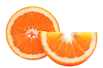 Cut orange fruit isolated on white background. Clipping Path.