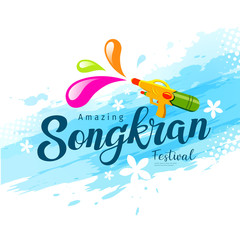 Obraz premium Vector amazing songkran festival with water gun of Thailand on water background, illustration