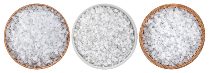 Sea salt isolated on white background, top view