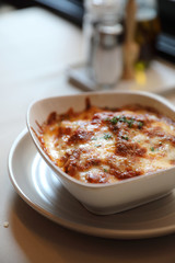 Homemade Beef Meat lasagna on dish in restaurant , Italian food