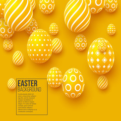 Abstract Easter yellow background. Decorative 3d eggs. Vector illustration.