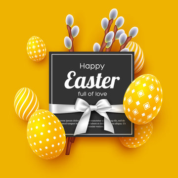 Easter holiday greeting card. 3d decorative eggs with white bow and willow branches. Yellow background. Vector illustration.
