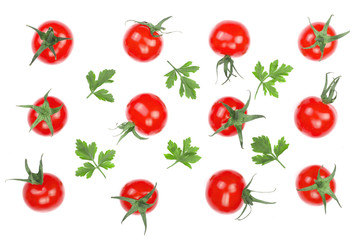Cherry small tomatoes with parsley leaves isolated on white background. Set or collection. Top view. Flat lay