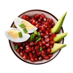Home recipes: salad with avocado, eggs and pomegranate isolated on white background, top view
